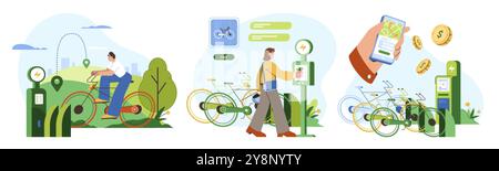 Umweltfreundlicher Transport, Bike-Sharing-App. Nachhaltiges Verkehrskonzept. Mann am Fahrrad im Park, Frau mit Fahrradverleih oder Rückkehr zum Bahnhof. Flache junge Leute, die in der Stadt radeln Stock Vektor