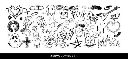 Y2K-Tätowieraufkleber, Holzkohlestift Emo Gothic-Symbol. Grafitti Hand gezeichnet Doodle Punk Buntstift schmelzendes Lächeln Emoji, Hase, Fliegenpilz, Musikscheibe, Friedensgeste, mit der Zunge den Mund öffnen, Rockstar-Ikonen Stock Vektor