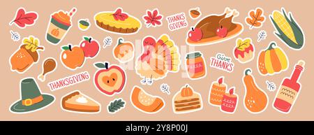 Weihnachtssticker mit Happy Thanksgiving Day. Vektor Kritzeleien Herbstelemente mit gebratenem truthahn, Herbstblättern, Ähr von Mais, Eicheln, Kürbis, pilgermütze, Kuchen, Wein und Kerzen. Ikonen des Erntefestes. Stock Vektor