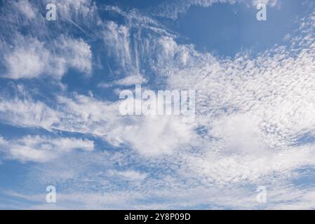 Nützliches Bild eines blauen Himmels mit verschiedenen Mustern innerhalb der weißen Wolkenformationen. Vielleicht nützlich für den Austausch des Himmels mit Fotoshop-Schichten. Stockfoto