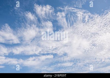 Nützliches Bild eines blauen Himmels mit verschiedenen Mustern innerhalb der weißen Wolkenformationen. Vielleicht nützlich für den Austausch des Himmels mit Fotoshop-Schichten. Stockfoto