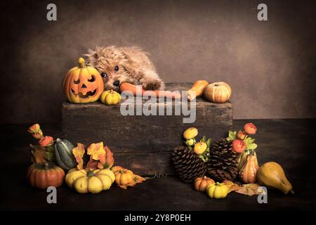 Niedlicher, 4 Monate alter Welpe in halloween-Anordnung. Er ist eine Mischung aus Spielzeugpudel und Mini-maltesen. Stockfoto