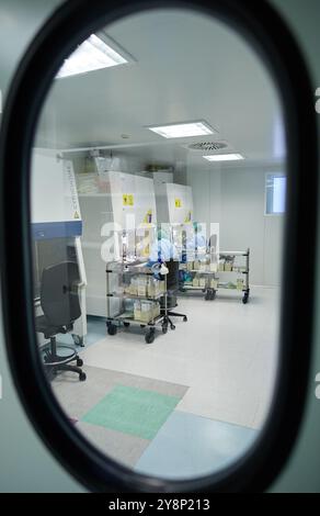 Zubereitung von Medikamenten, Reinraum, Apotheke, Krankenhaus Donostia, San Sebastian, Gipuzkoa, Baskenland, Spanien. Stockfoto