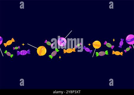 Happy Halloween Typografie aus kleinen Süßigkeiten auf dunklem Hintergrund. Weihnachtsgrußkarte „Trick or Treat“, Poster mit horizontalem Rand. Vect Stock Vektor