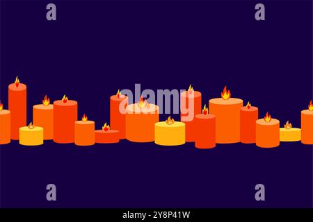 Nahtloses Muster mit orangefarbenen roten und gelben Kerzen in der Liebe lehnten ihre Flammen aufeinander ab Vektor. halloween-Konzept. Violetter Hintergrund Stock Vektor