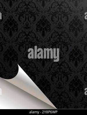 Ein dunkles, elegantes Damastmuster mit einer gewellten Ecke, die einen Hauch von weiß freigibt. Perfekt, um eine luxuriöse und elegante Atmosphäre zu schaffen Stock Vektor