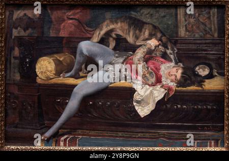 "Page Playing with a greyhound", um 1869, Giovanni Boldini (1842-1931). Stockfoto