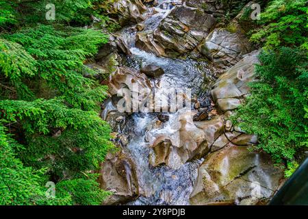 Wasser rauscht an Felsen im Denny Creek im Bundesstaat Washington vorbei. Stockfoto