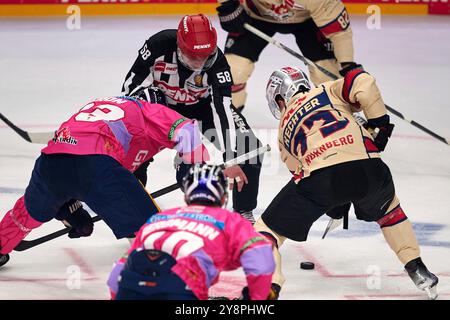 Berlin, Deutschland. Oktober 2024. Anstoss, GER, Eisbaeren Berlin vs. Nürnberg Ice Tigers, Eishockey Herren, Deutsche Eishockey Liga, Saison 2024/2025, 7. Spieltag, 06.10.2024. Foto: Eibner-Pressefoto/ Claudius Rauch Credit: dpa/Alamy Live News Stockfoto