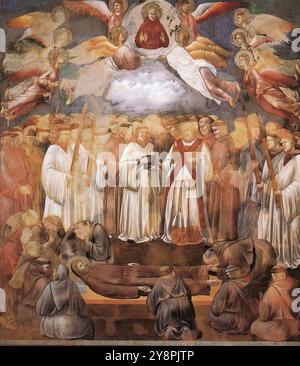 GIOTTO di Bondone (* 1267, Vespignano, d. 1337, Firenze) Legende des hl. Franziskus: 20. Tod und Himmelfahrt des hl. Franziskus 1300 Fresko, 270 x 230 cm Oberkirche, San Francesco, Assisi Dies ist die zwanzigste der 28 Szenen (von denen 25 von Giotto gemalt wurden) der Legende des hl. Franziskus. Giottos Autorität einiger Teile der letzten Szenen wird oft in Frage gestellt, und im Fall der Szenen in der letzten Bucht (nach Nr. 25, normalerweise dem Meister der Heiligen Cecilia zugeschrieben) wird vollständig abgelehnt. Die Tatsache, dass ein Werk Autogramm war, war für die Öffentlichkeit von Giottos Zeit viel weniger wichtig als es Stockfoto