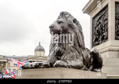 Berühmte Löwenstatue in der Nähe der Nelson-Säule am Trafalgar Square, London, Großbritannien Stockfoto