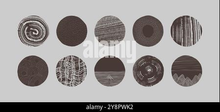 Rundmuster. Abstrakte Linientextur, kurvenrunde oder spiralförmige Kunst. Geometrische Grunge-Bürste, dekorativer schwarzer Strich. Minimalistisches Logo-, Emblem- oder Etikettendesign. Handgezeichneter Kreis. Vektorhintergrund Stock Vektor