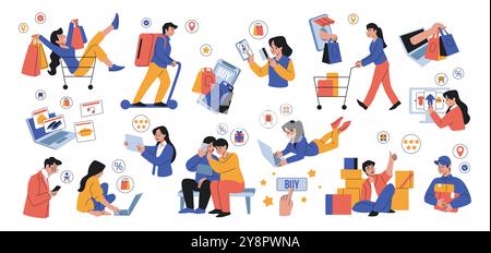 Online-Shopping. Kritzele Menschen Charaktere, zufriedene Kunden mit Smartphones, Kurierzustellung. Smartphone-App. Sammlung von E-Commerce-Marketing. Vektor-Zeichentrickfilm flach isolierte Illustration Set Stock Vektor