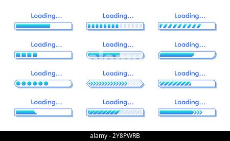 Lastbalken. Zeitfortschritt. Geschwindigkeitsgrafik herunterladen oder hochladen. Symbol für das Statusdiagramm der Website. Statusschritt". Indikator „Schnittstellenprozentsatz“. Infografik warten. Akkustandstabelle. Vektorprozesssymbole festgelegt Stock Vektor