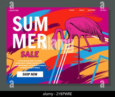 Landing-Page für Sommerangebote. Online-Shopping. Flamingo-Skizze. Exotischer Vogel. Saisonrabatt. Tropischer Strand. Abstrakte Farbzeichnung. Marketingförderung. Website-Design-Vorlage. Vektorwebhintergrund Stock Vektor