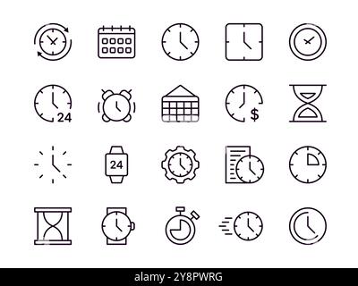 Uhrensymbole. Uhrzeit auf der Uhr. Datumskalender. Stundenzähler. Stoppuhralarm. Symbole für Frist und Dauer. Uhrenrad. Minuten Countdown. Umreißen Sie Sanduhr und Chronometer. Vektorzeichen für dünne Linien gesetzt Stock Vektor