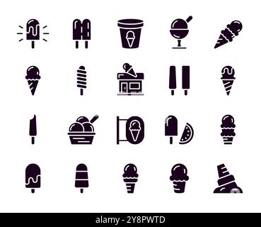 Icecream-Symbole. Eiskegel Dessert, Eiskugel, Sommereisköpfe köstliches Essen. Weicher und klebender Becher. Café oder Shop mit schwarzem Emblem oder Etikett. Piktogramm für Schilder, isolierter Satz. Vektorsilhouette Logo Stock Vektor