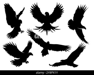 Adlersymbole. Fliegender Falke. Glatzenfalke. Jagdvogel. Tierheraldisches Symbol der USA. Amerikanische Flugräuber fliegen hoch. Sport-Tattoo oder Grafikdruck mit Flügeln. Vektor schwarze Silhouette Fauna Elemente Set Stock Vektor