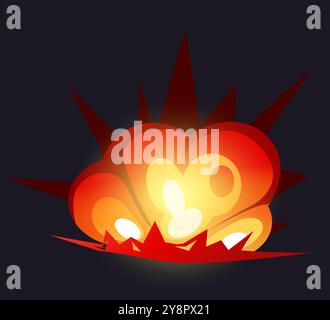 Explosion isoliert auf schwarzem Hintergrund. Atomwaffe oder Dynamit, Bombe explodiert. Raketenstarteffekt. Zeichnen im Comic-Stil. Militärische Zerstörung, Kriegsangriffssymbol. Vektor-Zeichentrick flache Illustration Stock Vektor