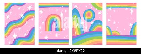 Retro-Regenbogenhintergrund. Vintage-Sommermuster. Boho-Sonnenkunst mit grafischen Pop-Wave-Texturen. Magisches Schillern. Einhornsterne. Farbkurvenstreifen. Sieh die Sterne. Vektor-Banner im abstrakten Stil Stock Vektor