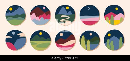 Abstrakte Berge. Hügel-Ikonen, Natur-Abenteuer-Hintergrund mit Horizont-Silhouette, Reiseansicht. Rundkreissymbole. Minimales Zeichnen im Doodle-Stil. Abstrakte Wanderlandschaft. Vektorflaches Formset Stock Vektor