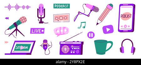 Podcast-Elemente. Mikrofon, Laptop und Kopfhörer. Streaming von Unterhaltungssendungen, soziale Medien. Smartphone, Online-Blogging, Broadcast-Aufzeichnung. Vektor-Cartoon flache Art isolierte Illustration Stock Vektor