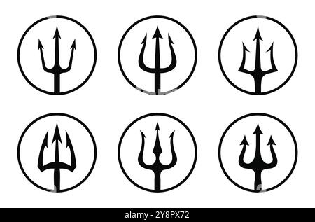 Trident-Vektor-Symbol in schwarzem Umrisskreis, isoliert auf weißem Hintergrund. Schwarzes Vektor-Logo-Set mit Dreizackern im Kreis Triton, Neptun, Poseidon. Stock Vektor