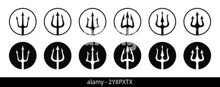 Trident-Symbol in kreisförmiger Vektorillustration isoliert auf weißem Hintergrund. Schwarzes Vektorlogo Set aus Dreizacken im Kreis. Stock Vektor