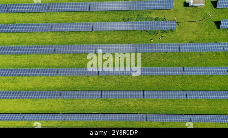 Dieser atemberaubende Blick aus der Luft fängt ein ausgedehntes Solarfeld ein und zeigt eine große Auswahl an Solarpaneelen, die die Energie der Sonne nutzen. Das geordnete Raster lag Stockfoto