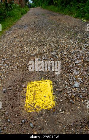 Frisch lackierter gelber Hydrant überraschenderweise auf einer unbearbeiteten Straße, so blieb er nicht und wird regelmäßig ausgegraben, da der Verkehr ihn mit Schlamm bedeckt Stockfoto