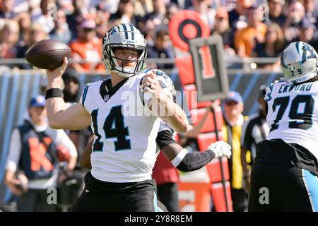 Chicago, Usa. Oktober 2024. Carolina Panthers Quarterback Andy Dalton (14) sucht am Sonntag, den 6. Oktober 2024, im Soldier Field in Chicago einen offenen Empfänger gegen die Chicago Bears. Foto: Mark Black/UPI Credit: UPI/Alamy Live News Stockfoto