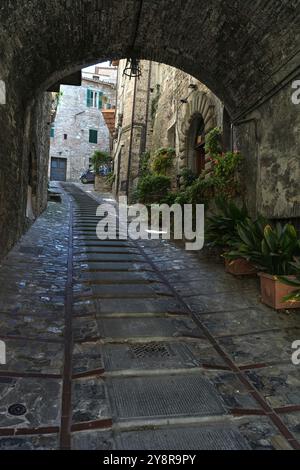 Erkunden Sie den zeitlosen Charme von Todi, Italien, wo mittelalterliche Steinbögen und steile, enge Gassen die Geschichte dieses historischen Juwels auf dem Hügel Umbriens erzählen. Stockfoto