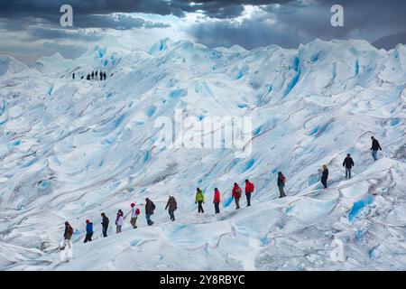 Mini-Trekking. Spazieren Sie auf dem Gletscher mit Steigeisen. Perito Moreno Gletscher. Nationalpark Los Glaciares. In Der Nähe Von El Calafate. Provinz Santa Cruz. Patagonien. Argentinien. Stockfoto