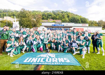 Schwaebisch Hall Deutschland. 06. Oktober 2024 Deutsche Fußball-Liga, Damenbundesliga, Ladies Bowl, Stuttgart Scorpion Schwestern - Schwäbisch Hall Einhörner in der Optima in der Schwäbisch Hall Deutschland am 06.Okt. 2024, Schwaebisch Hall Unicorns Women- Gewinnerin der Ladys Bowl 2024. Stockfoto