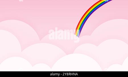Regenbogen mit der Stolz-Flagge am rosa Himmel mit großen, hellrosa Lagen, flachen Wolken im Cartoon-Stil. Abstrakter, bewölkter Himmel Illustrationshintergrund. Stockfoto