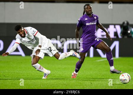Firenze, Italien. Oktober 2024. Emerson Royal vom AC Milan und Moise Kean vom ACF Fiorentina während des Fußballspiels der Serie A zwischen ACF Fiorentina und AC Milan im Artemio Franchi Stadion in Florenz (Italien), 6. Oktober 2024. Quelle: Insidefoto di andrea staccioli/Alamy Live News Stockfoto