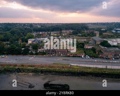 Eine Luftaufnahme der ehemaligen Tolly Cobbold Brauerei in Ipswich, Suffolk, Großbritannien Stockfoto