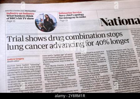 „Trial Shows Drug Combination stoppt Lungenkrebs für 40% länger“ Guardian Zeitung Headline Drugs Trials Health artikel 5 Oktober 2024 Großbritannien Stockfoto