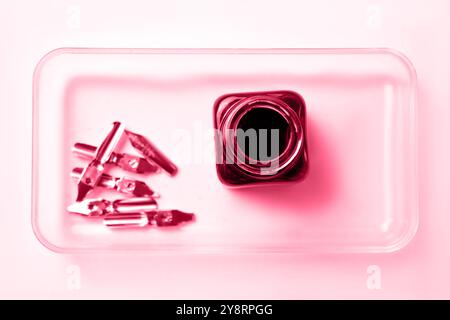 Tintenflasche mit Metallspitzen für Tintenstift auf weißem Hintergrund. Schreibwaren auf weißem Schreibtisch aus nächster Nähe von oben. Rechtschreibunterricht und Kaligraphie-Übungen. A Stockfoto