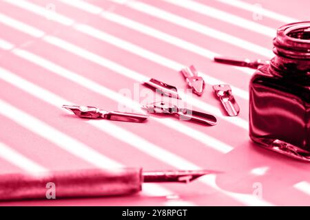 Tintenflasche mit Metallspitzen für Tintenstift auf weißem Hintergrund. Schreibwaren auf weißem Schreibtisch aus nächster Nähe von oben. Rechtschreibunterricht und Kaligraphie-Übungen. A Stockfoto