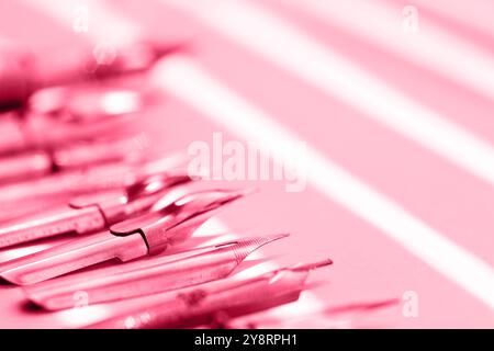 Tintenflasche mit Metallspitzen für Tintenstift auf weißem Hintergrund. Schreibwaren auf weißem Schreibtisch aus nächster Nähe von oben. Rechtschreibunterricht und Kaligraphie-Übungen. A Stockfoto