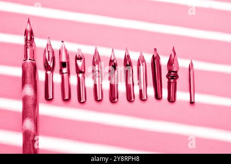 Tintenflasche mit Metallspitzen für Tintenstift auf weißem Hintergrund. Schreibwaren auf weißem Schreibtisch aus nächster Nähe von oben. Rechtschreibunterricht und Kaligraphie-Übungen. A Stockfoto