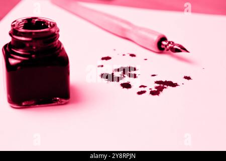 Tintenflasche mit Metallspitzen für Tintenstift auf weißem Hintergrund. Schreibwaren auf weißem Schreibtisch aus nächster Nähe von oben. Rechtschreibunterricht und Kaligraphie-Übungen. A Stockfoto