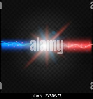 Nergetisches Zusammenprallen von roten und blauen Energiestrahlen, die vor Licht leuchten und von einem leuchtenden Stromstoß umgeben sind. Ein perfektes Bild für Sci-fi-Themen Stock Vektor