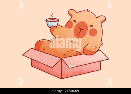 Kawaii Cutie Capybara sitzt in einer Box mit einer Tasse Tee. Stock Vektor