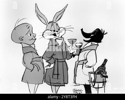 Kunstwerk von CHUCK JONES von ELMER FUDD BUGS BUNNY and DAFFY DUCK anlässlich des 40. Geburtstags der BUGS BUNNY durch das Trinken von Karottensaft in 1979 Werbung für Warner Bros., Inc Stockfoto