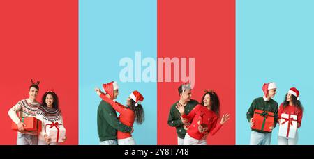 Collage junger Paare in Weihnachtspullover und mit Geschenken auf rot-blauem Hintergrund Stockfoto