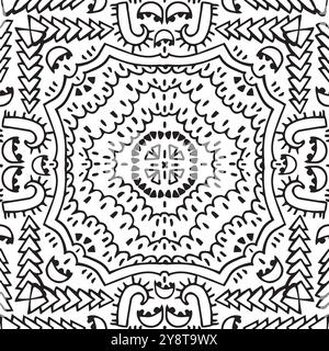 Abstraktes, nahtloses Tribal-Muster in schwarzer Linie. Vektor endlose Druckillustration auf weißem Hintergrund Stock Vektor