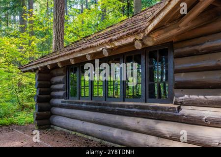 Fenster im rustikalen Picknickpavillon, erbaut 1935 vom Civilian Conservation Corps im Millersylvanien State Park, Washington State, USA Stockfoto