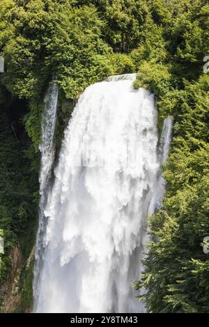 Marmore-Wasserfall in Umbrien, Italien. Atemberaubende Kaskaden, die mit Bäumen und Felsen in die Natur springen Stockfoto